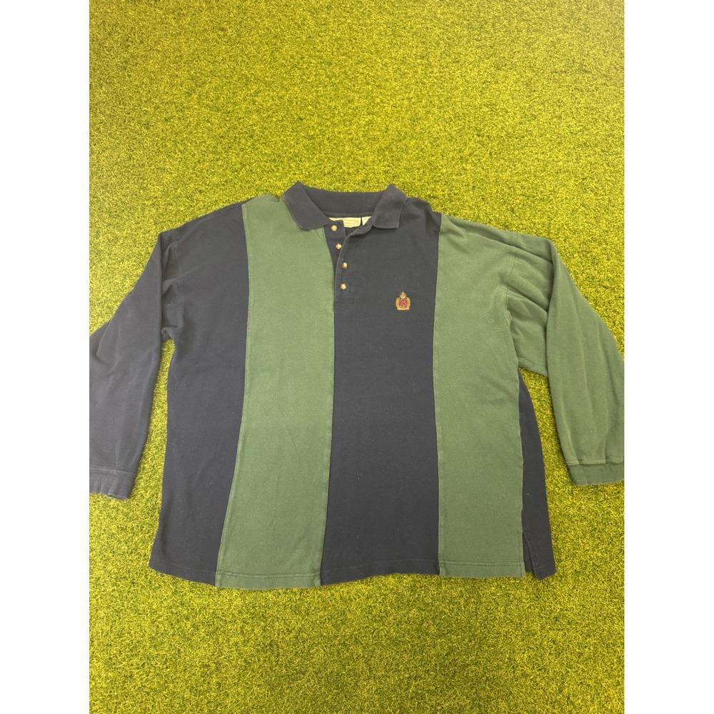 Vintage Bugle Boy Long Sleeve Polo Shirt XL Color Block Navy Green Cotton‎ Crest